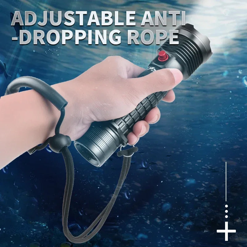 Rechargeable Diving Flashlight IPX8 Waterproof Underwater LED Torch Strong Light Dive Lamp