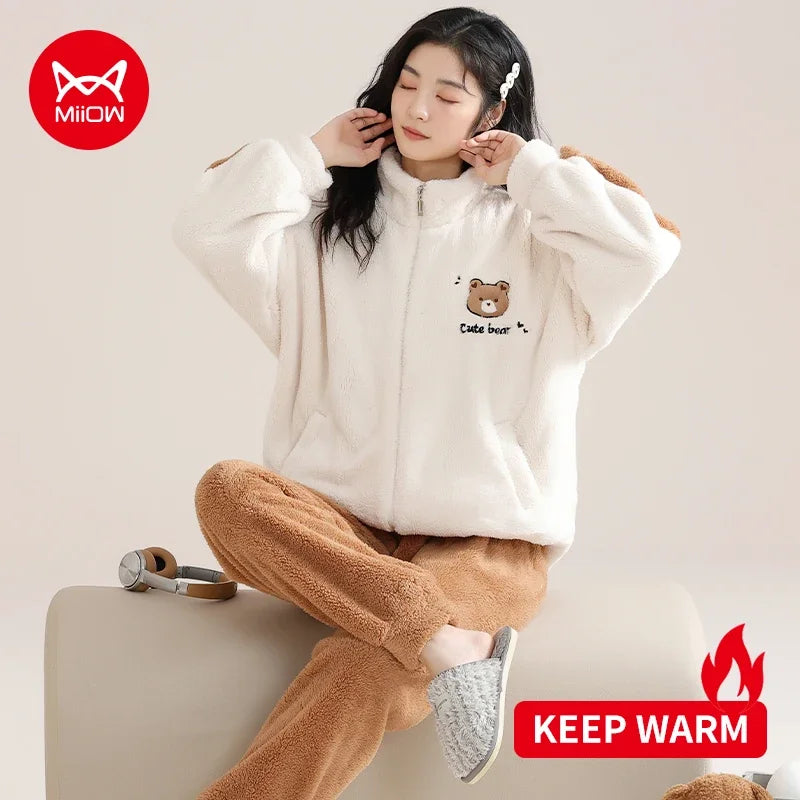 Women’s Winter Flannel Pajama Set – Warm Coral Fleece Loungewear with Cute Bunny Design