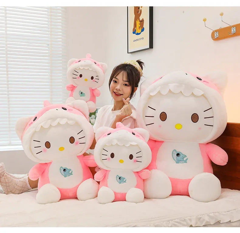60cm Sanrio Shark Hello Kitty Cat Plush Toys Cartoon KT Cat Plushie Doll Soft Stuffed Anime Pillow Birthday Gifts for Kids Girls