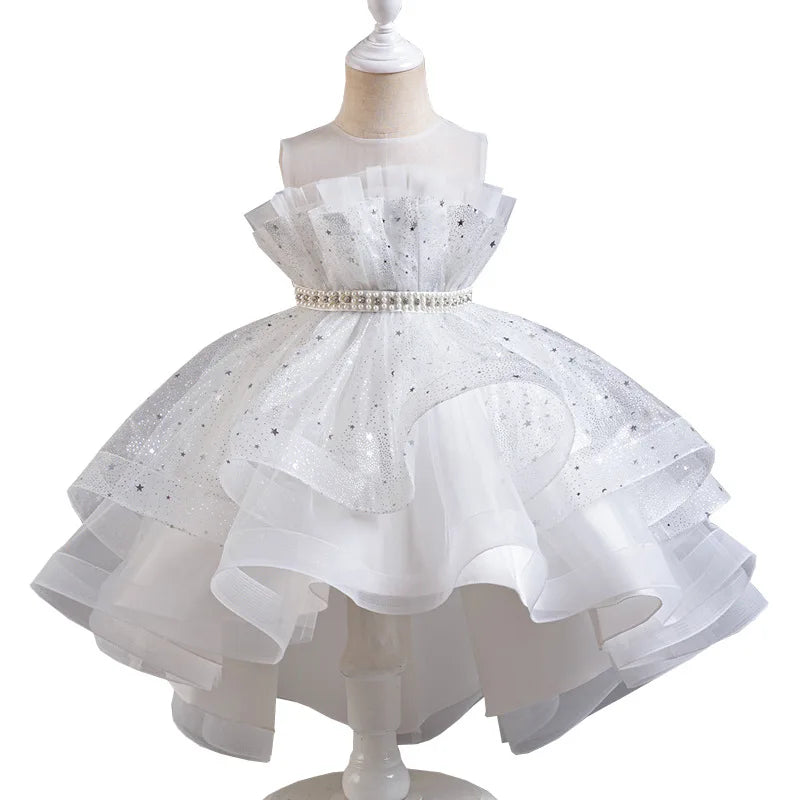 Elegant Girls' Performance Gown - Sleeveless Tulle Dress with Train for Piano Recital & Walk Show