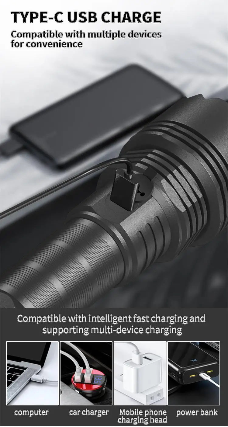 High Intensity LED Flashlight Type-C Rechargeable Fixed Focus Aluminum Torch Outdoor Ultra Bright