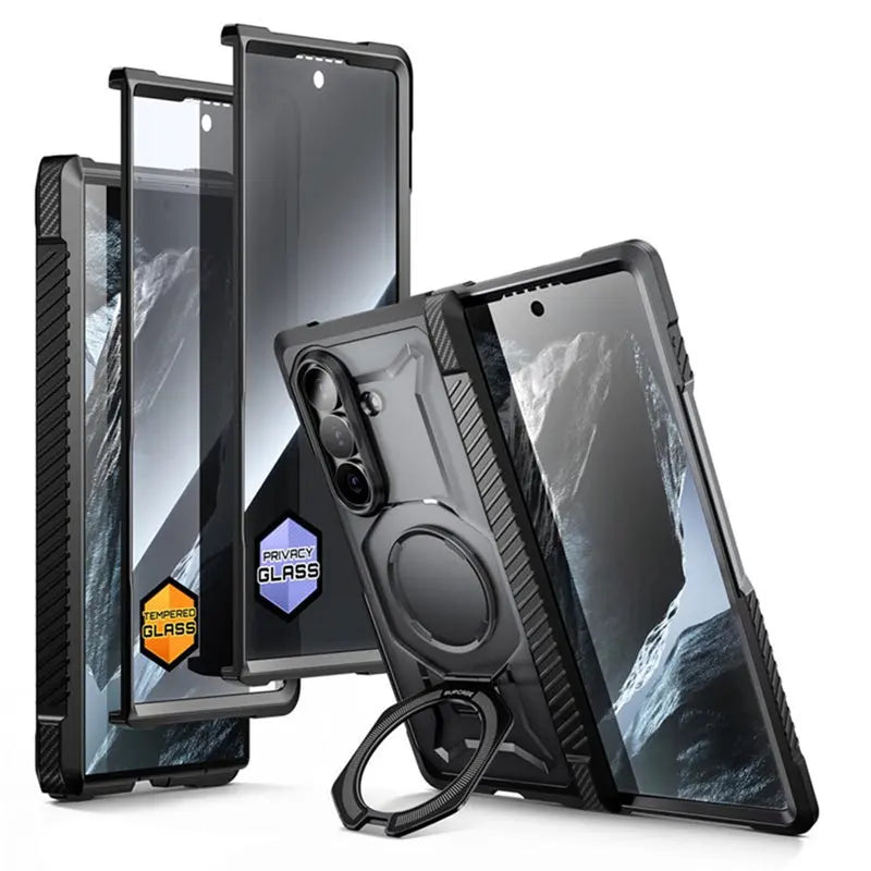 Full Body Rugged Phone Case with Magnetic Ring Kickstand and HD Clear and Privacy Screen Protectors for Samsung Galaxy Z Fold 8 Ultra