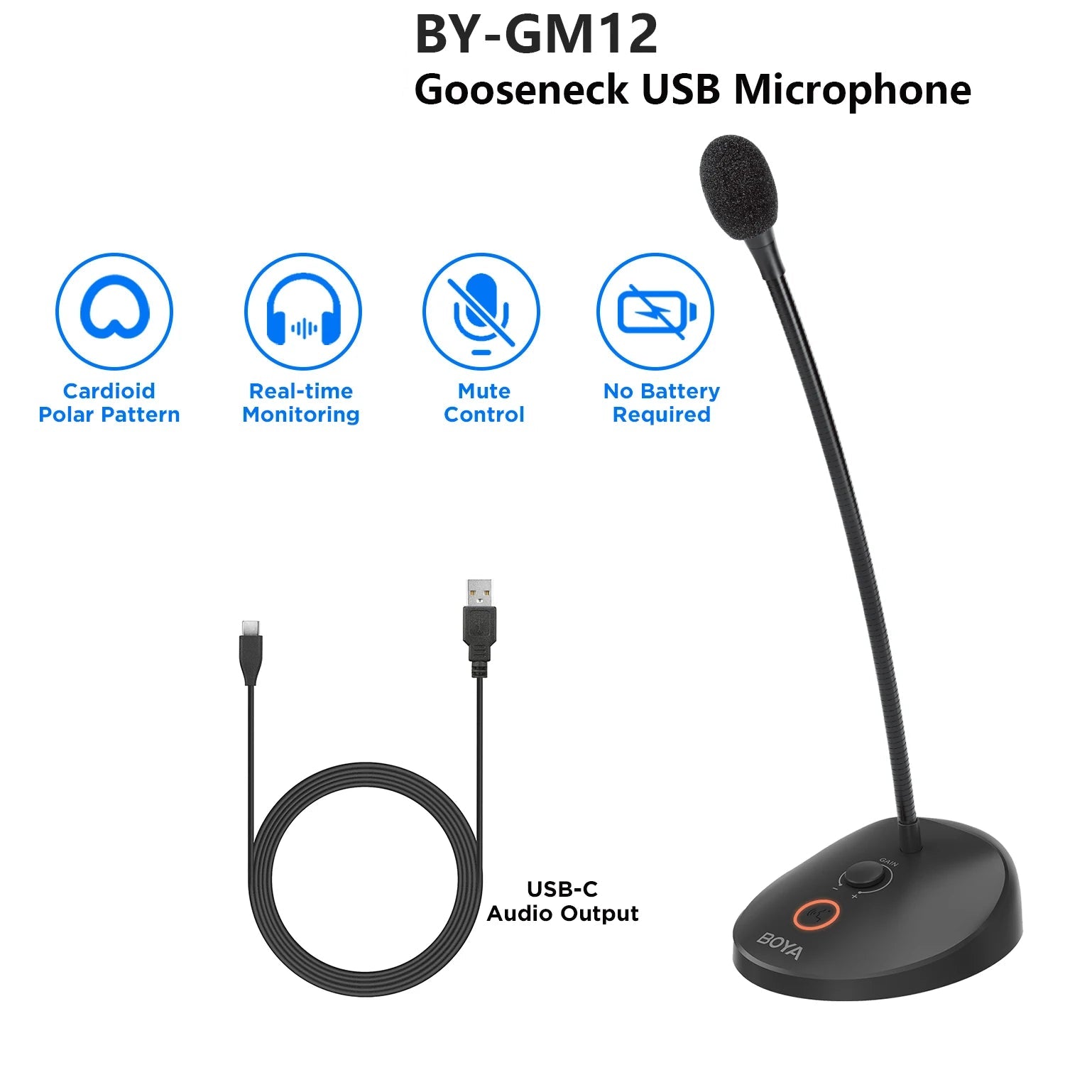 BY-GM12 Desktop Gooseneck Computer Microphone with Base LED Indicator for Meetings Video Conferences Streaming Lectures