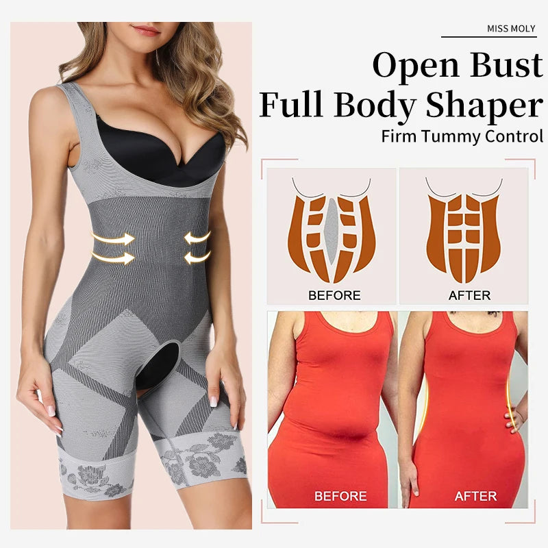 Women Bodysuit Shaperwear Waist Trainer Slimming Under bust Open Crotch Tummy Control Full Body Shaper