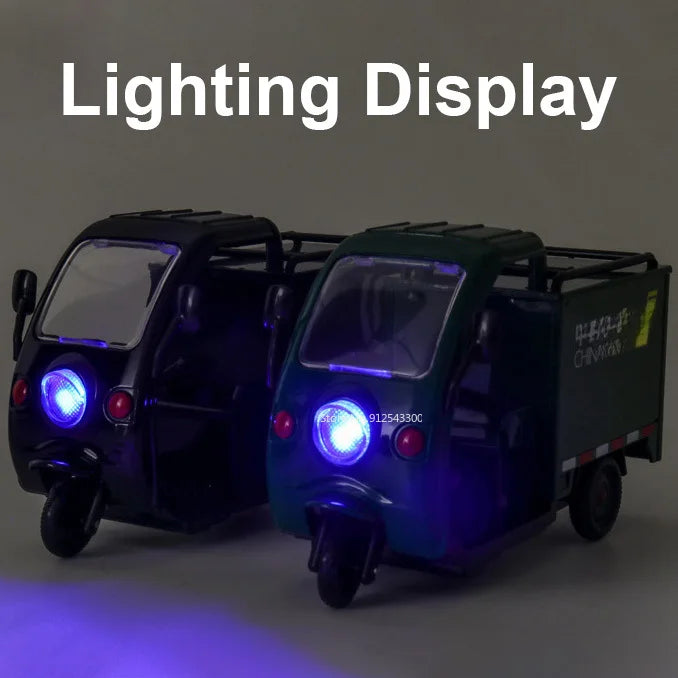 1/32 Scale Express Delivery Tricycle Model Car Toy Steerable Front Wheels Sound Light Pull Back Vehicle Models Gifts for s