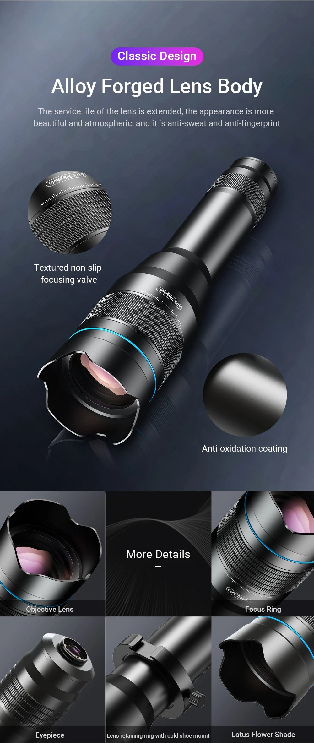 60X Smartphone Telephoto Telescope Lens with Universal Clip