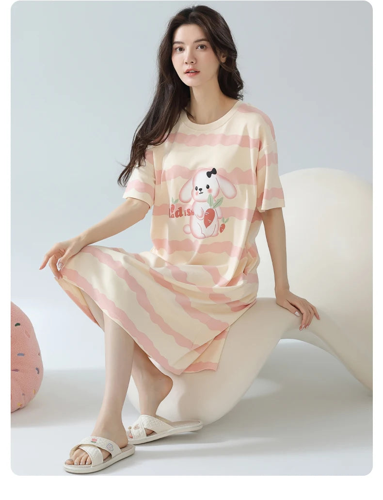 Women’s Cotton Nightgown – Korean Style Cute Print, Summer Short Sleeve Sleepwear Dress