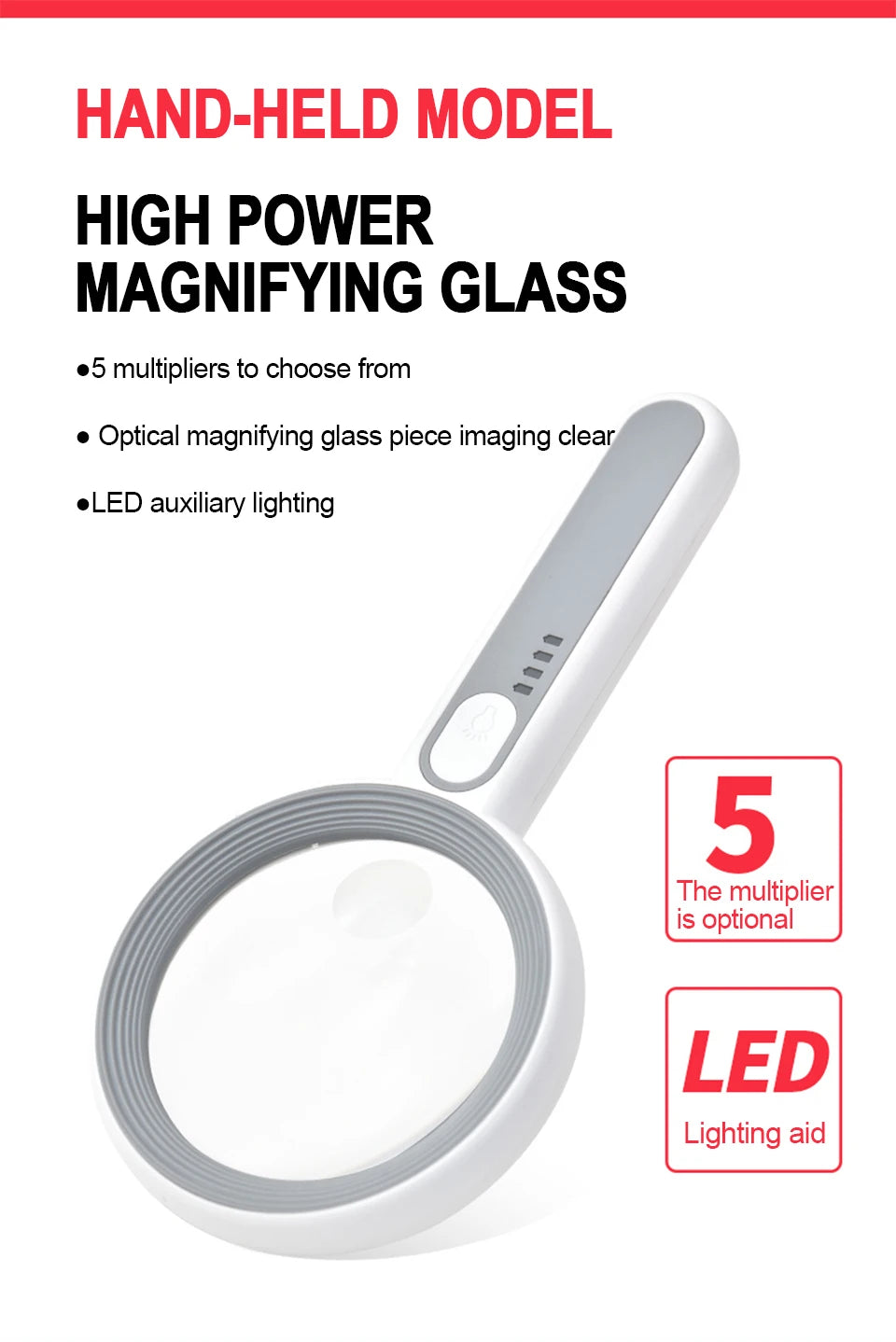 Rechargeable LED Magnifier 5X–12X Handheld with 3 Light Modes