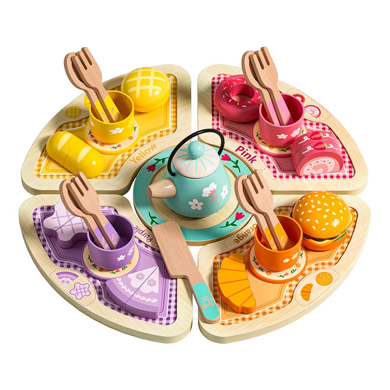 Wooden Tea Set Pretend Play Toy with Teapot and Teacups