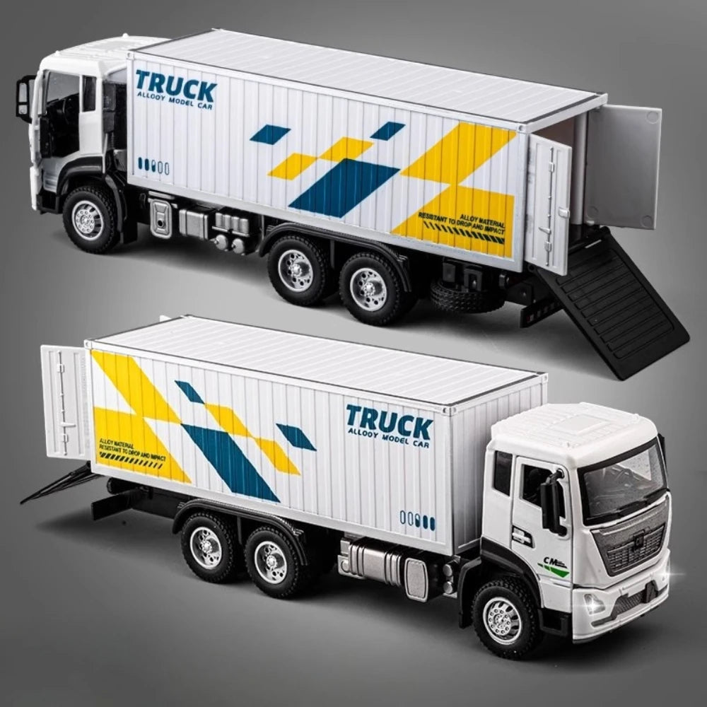 1:32 Scale Container Truck Fire Trucks Model Car Toy Pull Back Music Light Metal Diecast Doors Opened Vehicles Toys for Gift