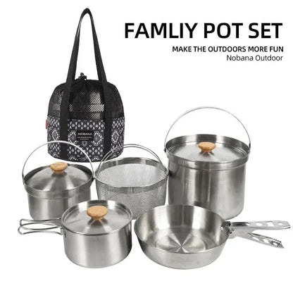 A Style Outdoor Stainless Steel 5pcs Camping Tourism Family 5L Portable Picnic Soup Frying Steaming Household