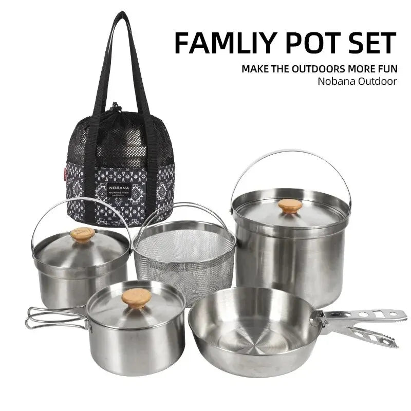 A Style Outdoor Stainless Steel 5pcs Camping Tourism Family 5L Portable Picnic Soup Frying Steaming Household