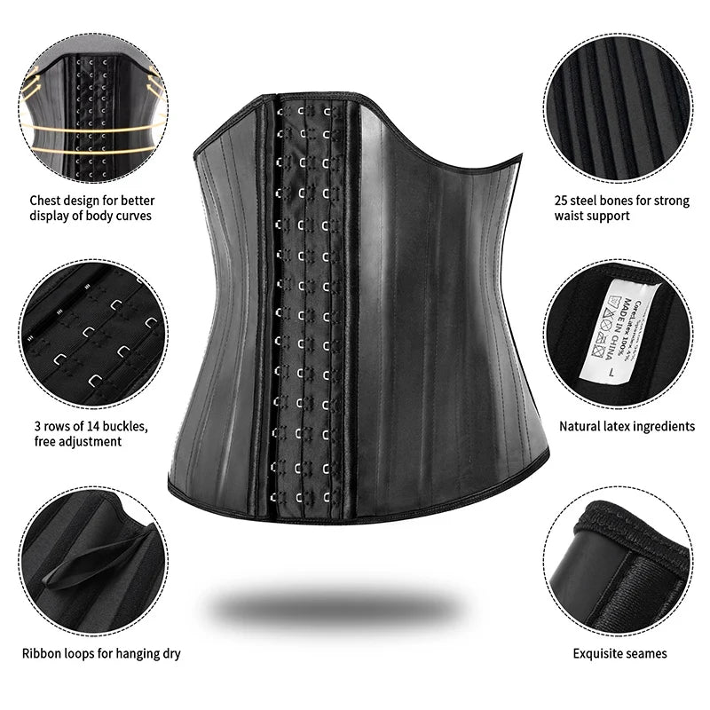 25 Steel Bones Latex Waist Trainer Corset Shapewear Slimming Belly Women Body Shaper Modeling Strap Reductive Girdle