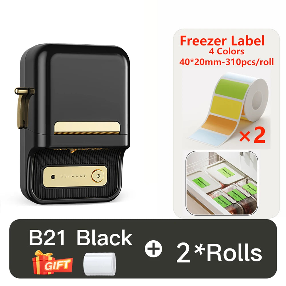 B21 Kitchen Label Printer, Bluetooth Wireless Thermal Label Maker 20–50mm, Inkless Freezer Sticker Printer for Home & Food Storage