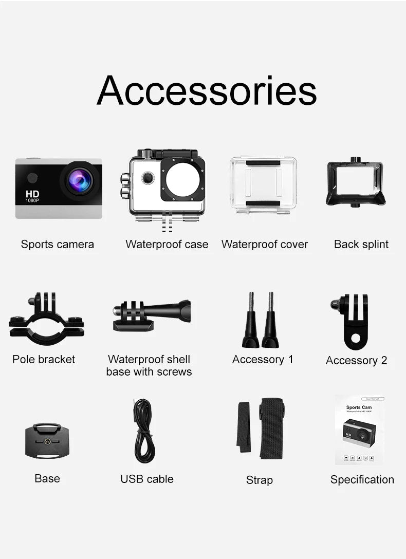 1080P Waterproof Action Camera with 2 Inch IPS Screen 170 Degree Wide Angle Helmet Sports Camera