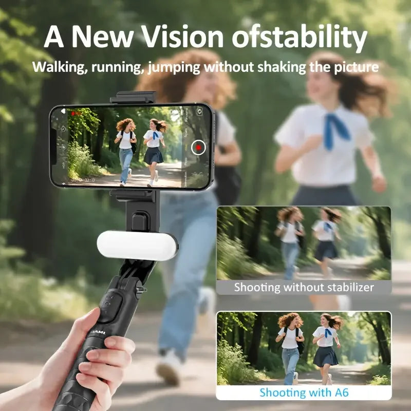 A6 2025 1-axis handheld gimbal stabilizer w/ selfie stick/tripod, wireless remote, 400mAh Li-ion battery, USB charging, iOS