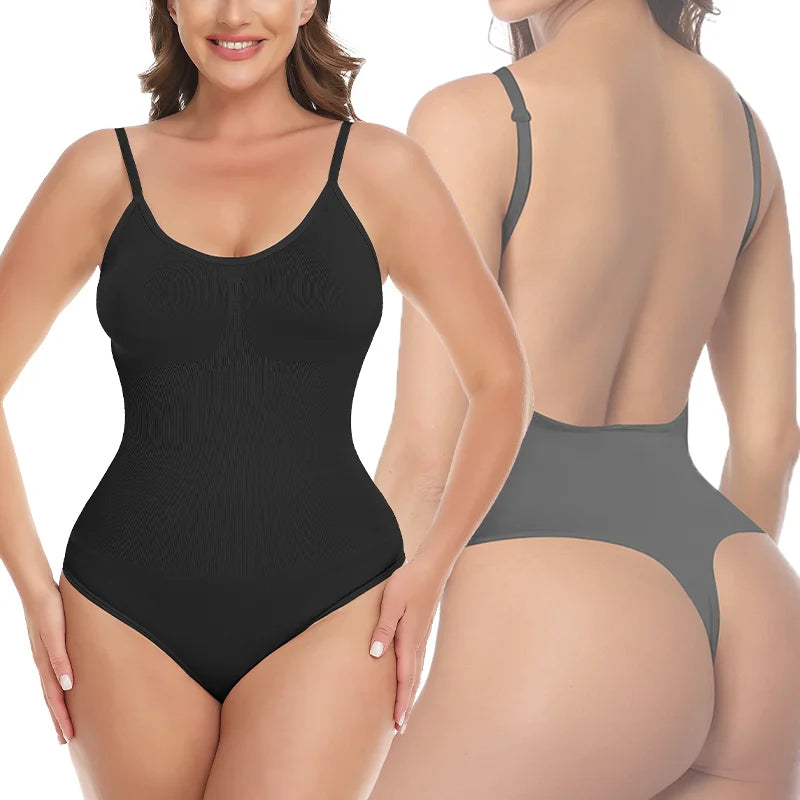 Deep V-Neck Backless Bodysuit Shapewear – Push Up Thong Body Shaper