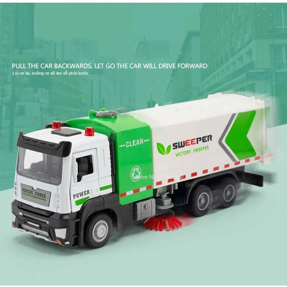 1:32 Water Spray Fog Fire Truck Model Sweeper Toy Car Sound Light Pull Back Doors Opened Vehicles Collection  Gifts