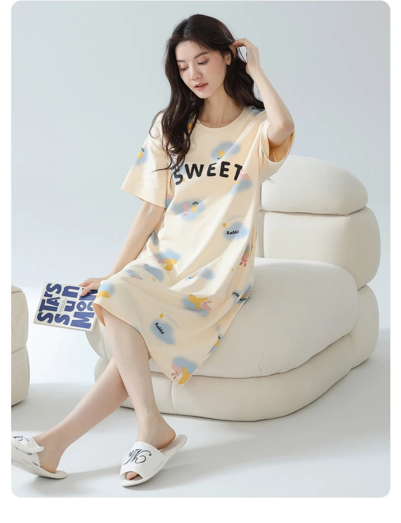 Women’s Cotton Nightgown – Korean Style Cute Print, Summer Short Sleeve Sleepwear Dress