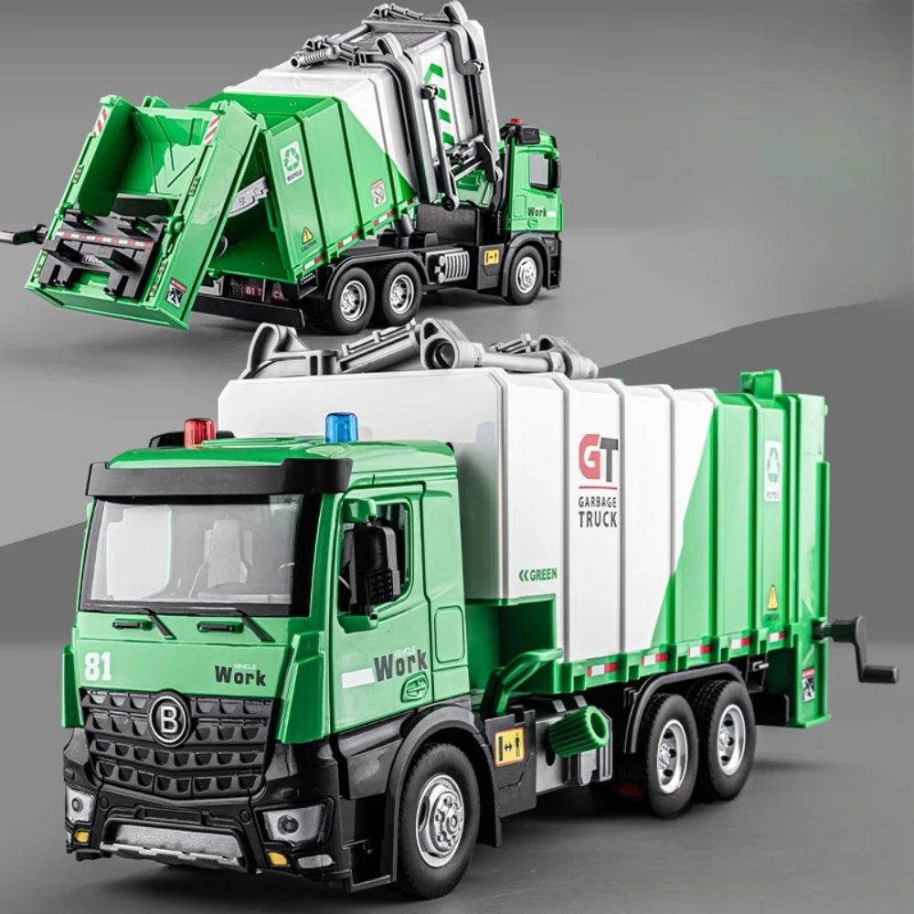 1:24 Pneumatic Garbage Car Electric Mixer Truck Toy Model Alloy Diecast Sound Light Engineering Vehicle Desktop Ornaments