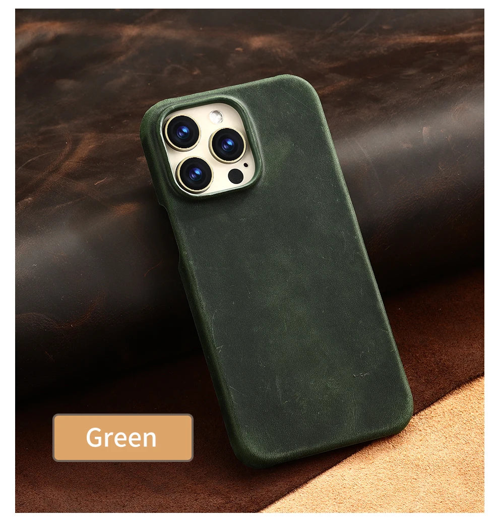 Retro Cowhide Phone Case for iPhone 16 15 14 Pro Max 16Pro 14Pro 15Pro Luxury Crazy Horse Genuine PULL-UP Leather Back Cover