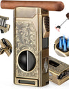 Cigar Lighter 4 Jet Flame, Refillable Butane Lighter with Cigar Cutter V Cut Cigar Punch Cigar Holder Cigar Draw Enhancer
