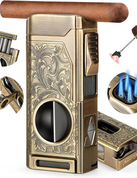 Cigar Lighter 4 Jet Flame, Refillable Butane Lighter with Cigar Cutter V Cut Cigar Punch Cigar Holder Cigar Draw Enhancer