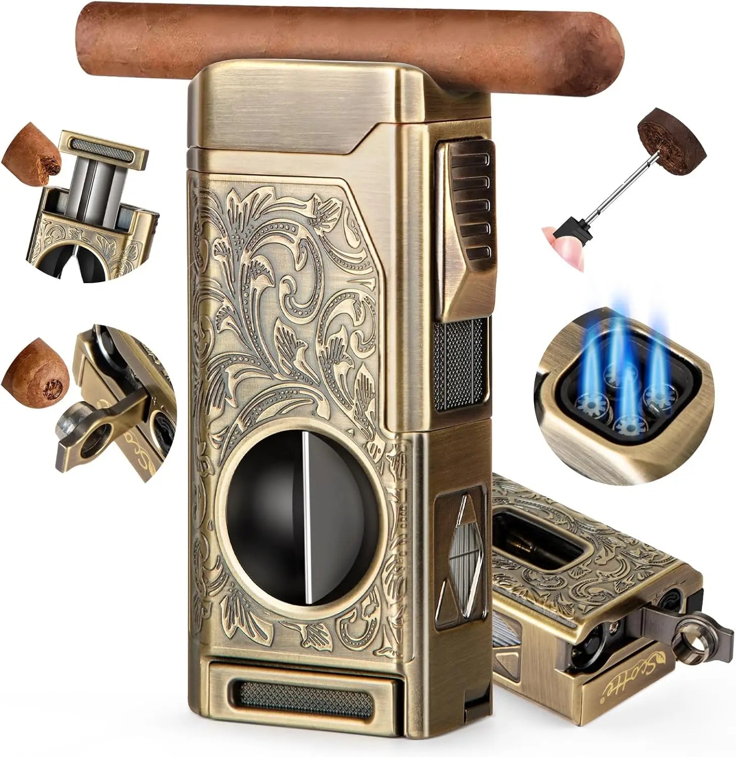 Cigar Lighter 4 Jet Flame, Refillable Butane Lighter with Cigar Cutter V Cut Cigar Punch Cigar Holder Cigar Draw Enhancer