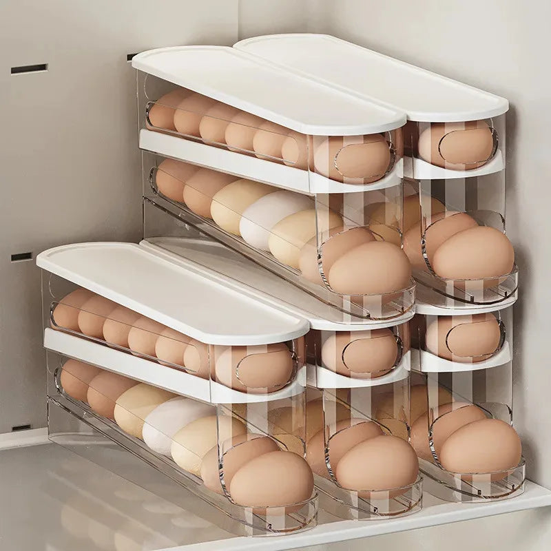 Double-Layer Ladder Style Egg Storage Box – Automatic Rolling Refrigerator Egg Holder Rack for Kitchen