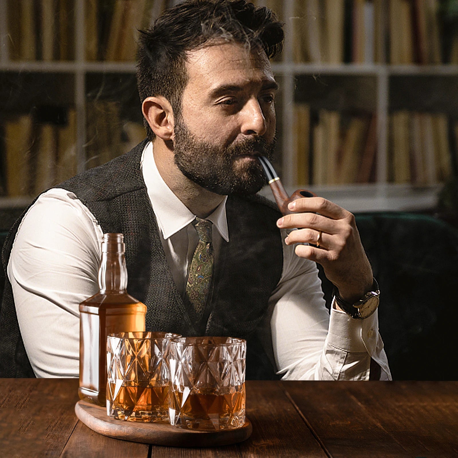 Tobacco Pipe Handmade Ebony Wood Root Smoking Pipe Gift Box and Accessories