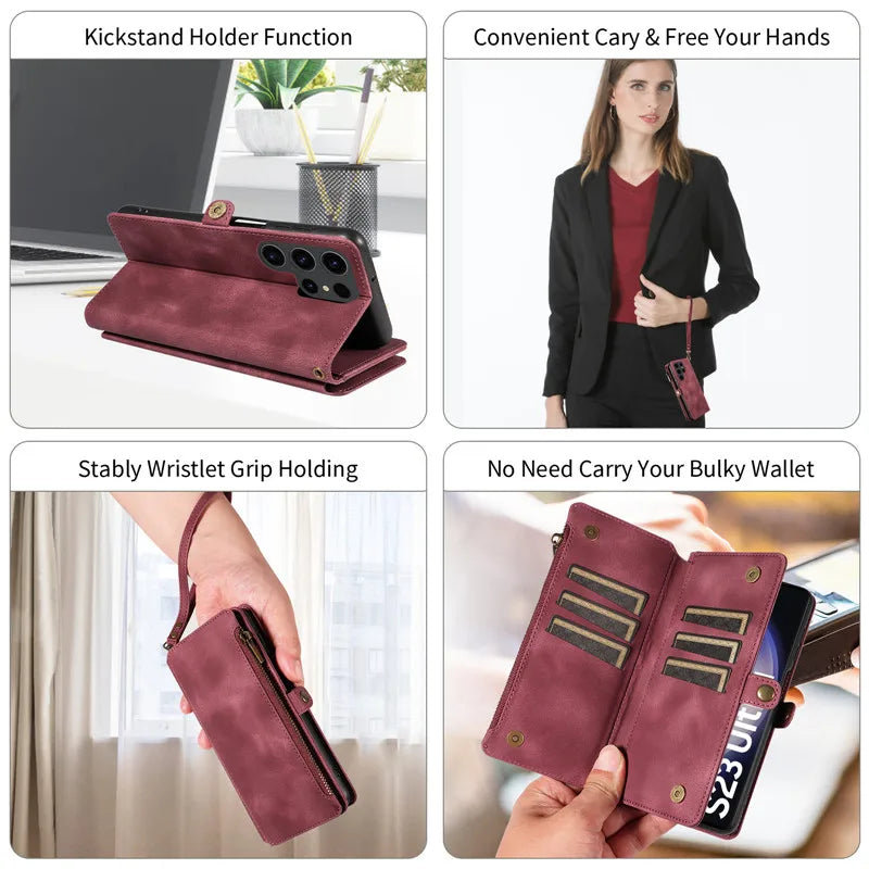 Luxury Leather Flip Wallet Case with Lanyard for Samsung Galaxy S26 / S25 / S24 / S23 Ultra & Plus – Magnetic Full Coverage Phone Bag Cover