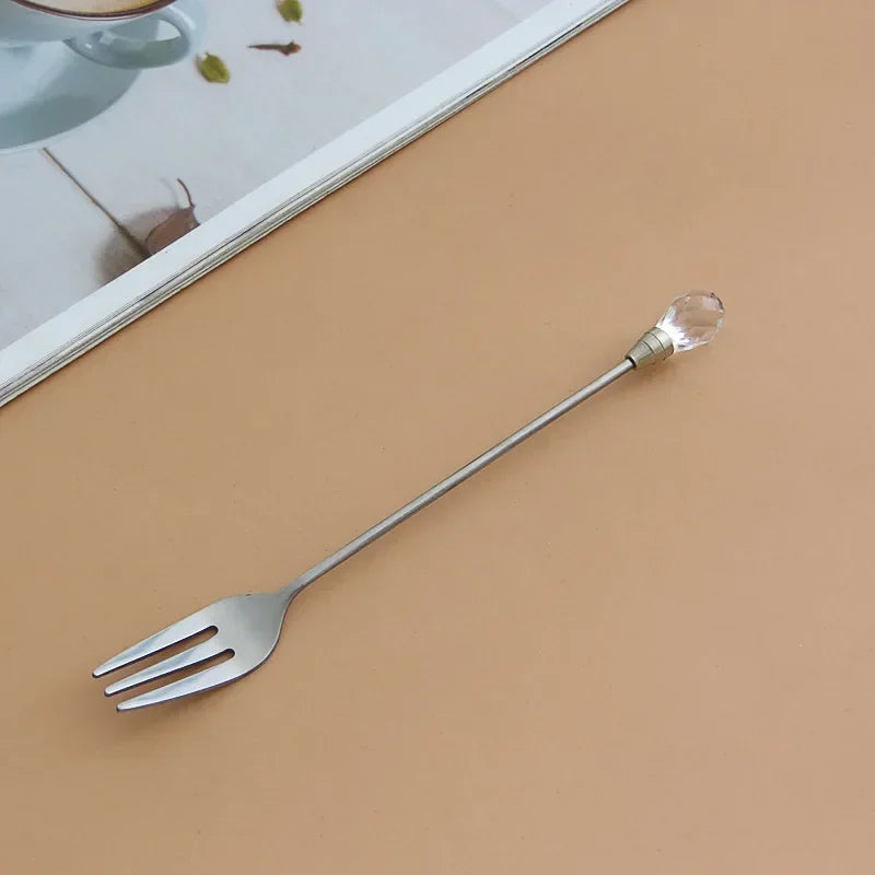 Stainless Steel Diamond Coffee Spoon and Fork Set Creative Crystal Long Handle, Perfect for Desserts, Ice Cream, Cake, and Fruit