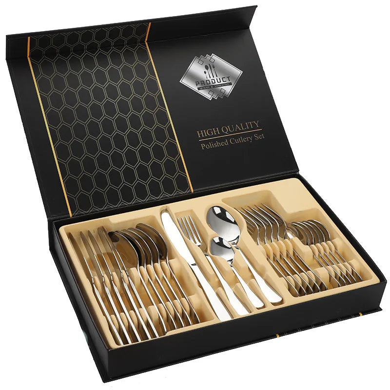 24pcs Golden Tableware Set Light Luxury Stainless Steel Cutlery Fork Knife Spoon Dinnerware Set Minimalist Decor with Gift Box