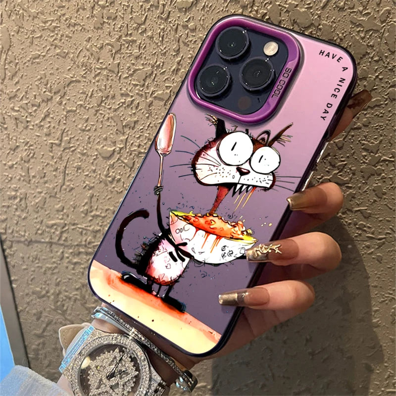 Personalized graffiti Cartoon Cat Phone Case For iPhone 15 16 Pro Max 14 Lens protect plating Cover