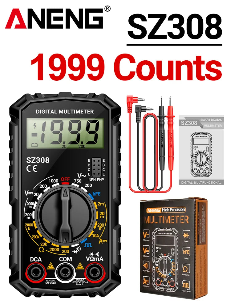 Square Wave Digital Tester 1999 Counts HFE Triode Buzzer Multimeter AC/DC Voltage 10A Current Multimeters Meter Tool