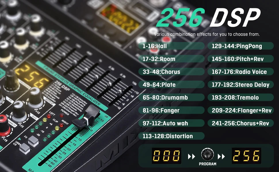 Compact Audio Mixer with 256 DSP Effects and 7 Band Master EQ