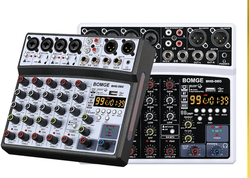6 Channel Audio Mixer Console with USB Bluetooth 99 DSP Effects and 48V Phantom Power