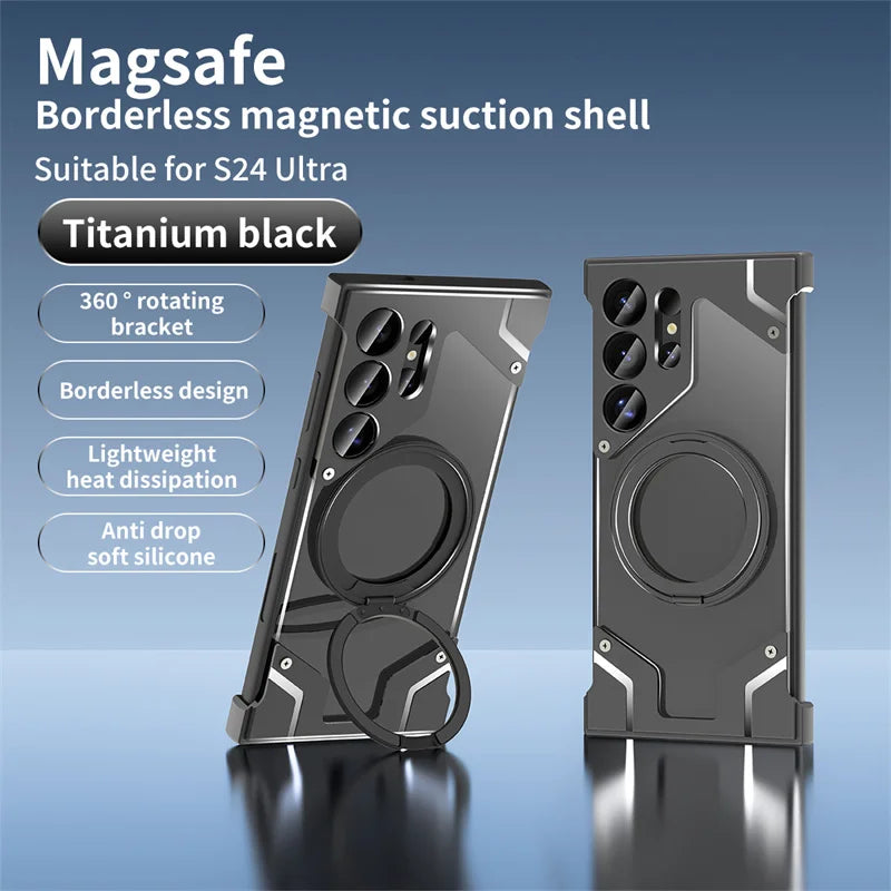 Luxury Metal 360 ° frameless Phone Case For Samsung S 24 23 Ultra Transparent Rotating Bracket Anti Drop Airbag Phone Case