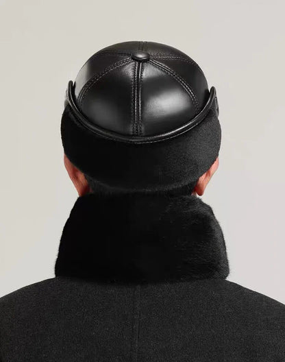 Winter Men's Hat Thicken Leather Cowskin Baseball Caps Bomber Hats With Ears Warm