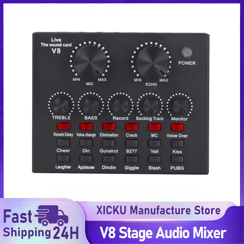 V8 USB Audio Mixer Sound Card For Live Streaming Podcast And Recording