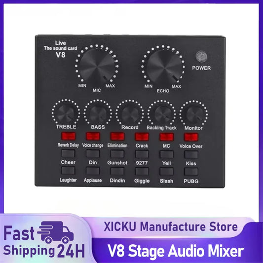 V8 USB Audio Mixer Sound Card For Live Streaming Podcast And Recording
