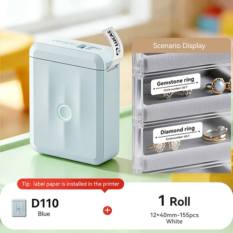 D110 Mini Portable Thermal Label Printer, Bluetooth Smart Label Maker with Adhesive Tape, Inkless 203 DPI for Home, Office & School