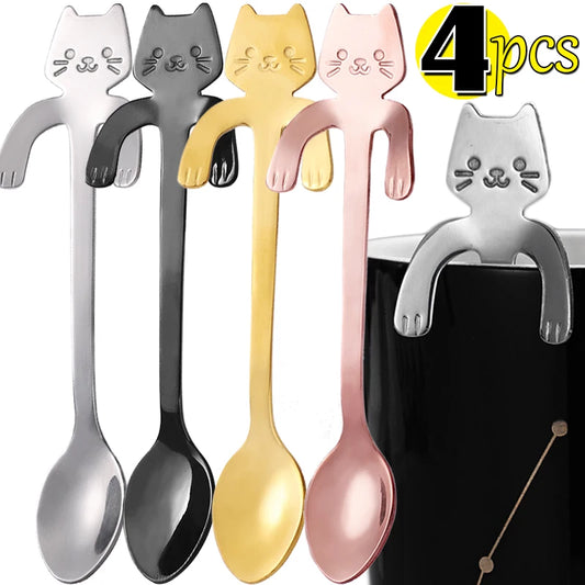 4/1pcs Stainless Steel Cat Coffee Spoons Cartoon Cats Teaspoon Ice Cream Dessert Scoops Spoon Flatware Home Kitchen Accessories