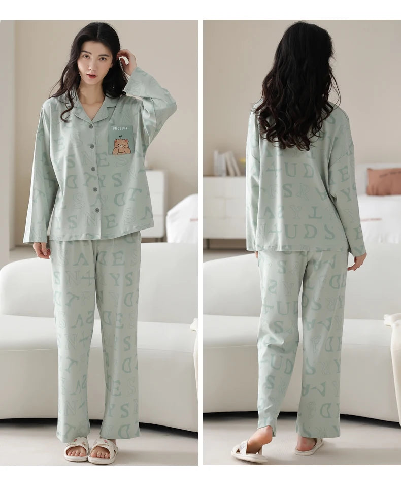 Women’s Winter 100% Cotton Pajama Set – Loose Fit, Turn-Down Collar, Long Sleeves, Cute Pink