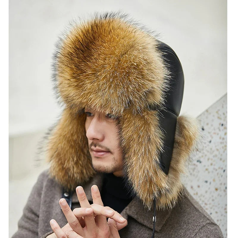 Fox Fur Cap Man Winter Genuine 100% Fur Bomber Hat Windproof Warm Earmuffs Male Flat Grey/Black Russian Hat Fitted Casquette