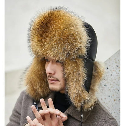 Fox Fur Cap Man Winter Genuine 100% Fur Bomber Hat Windproof Warm Earmuffs Male Flat Grey/Black Russian Hat Fitted Casquette