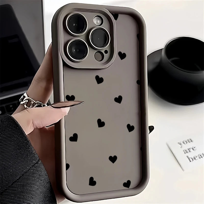 Black Love Heart Soft Matte Phone Case For iPhone 17 Air 14 Pro 16E Plus Cover For iPhone 15 16 17 Pro Max Cases