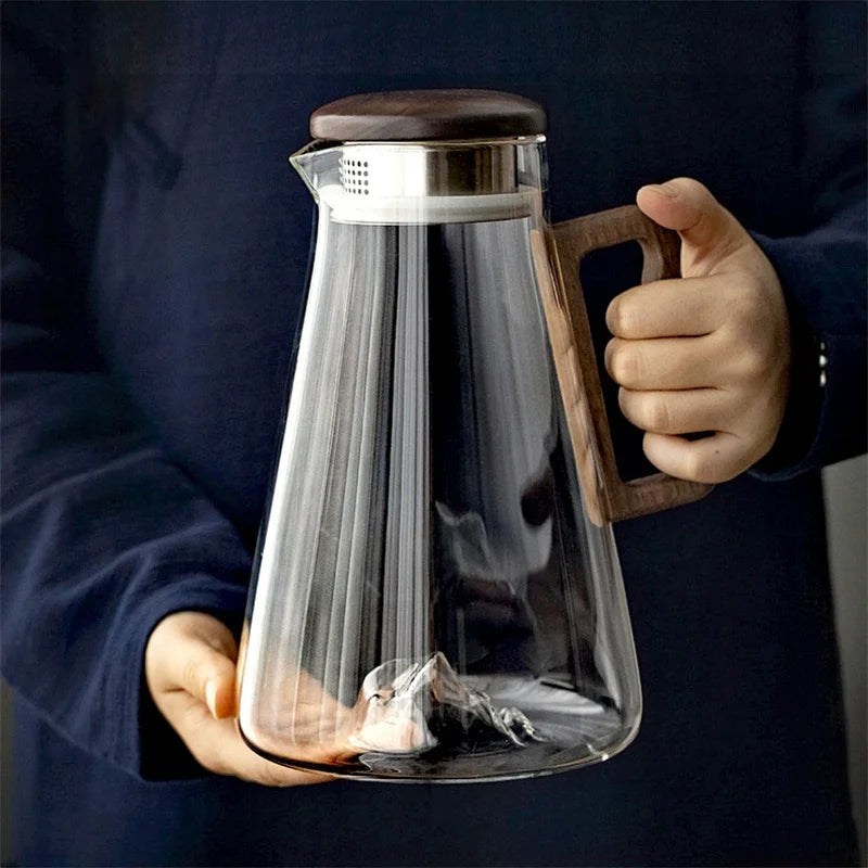 Large Capacity 2000ml Glass Water Jug with Wooden Handle and Filter Lid