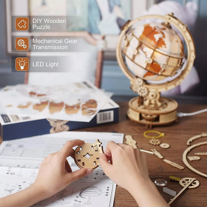 Wooden Puzzles Luminous Globe ST003 Toy Building Sets Wooden Globe Model Kits with LED Light