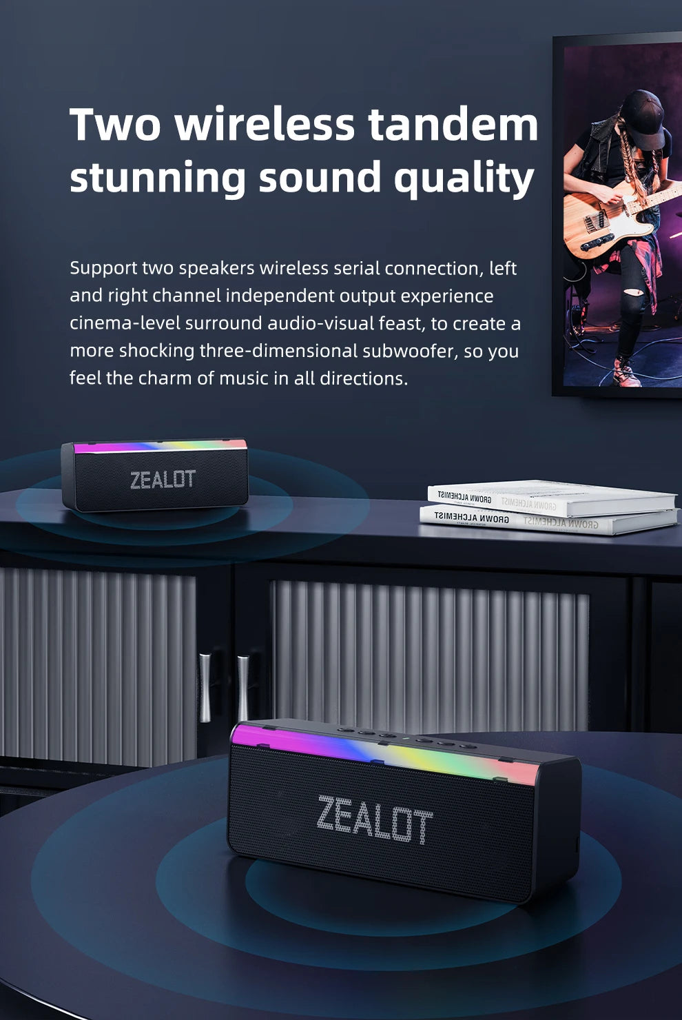 ZEALOT-S72 Portable Bluetooth-Compatible Speakers, Bass with Subwoofer, Wireless Sound Box, Waterproof TWS Boombox, 3000mAh, 20W